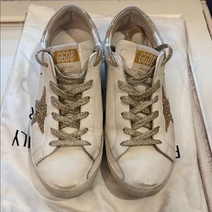 Golden Goose White and Gold Super-Star Sneakers